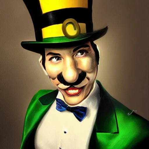 Image similar to luigi wearing a top hat, painted by wlop, artgerm