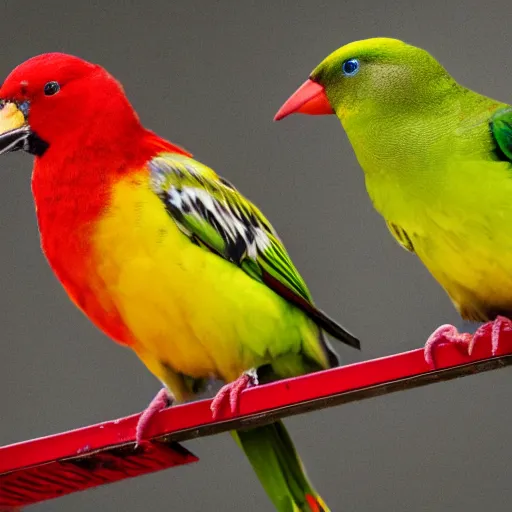 Prompt: red, yellow, and green birds sitting on a power line