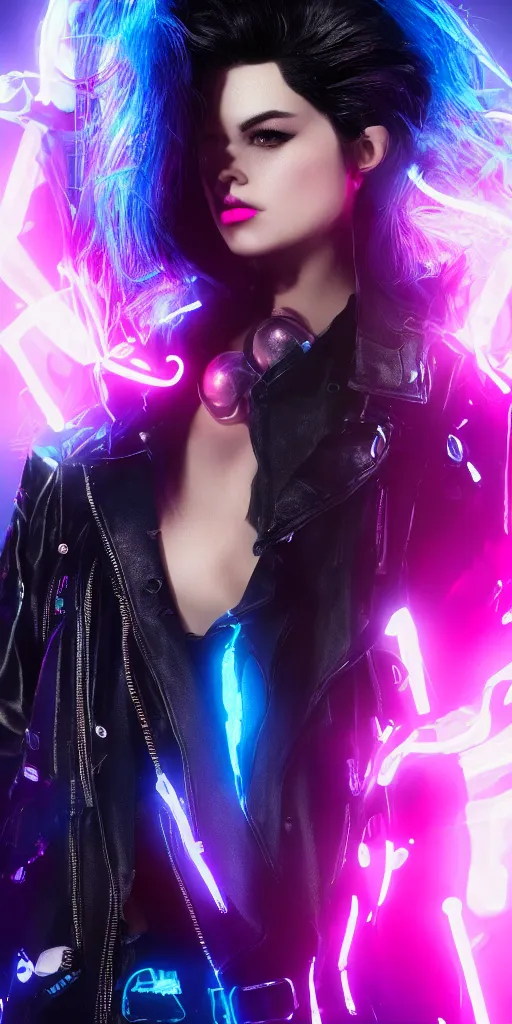 Image similar to a photo of 8k ultra realistic a black haired female rock star in high heels and a black leather jacket, pink and blue neon, cinematic lighting, trending on artstation, 4k, hyperrealistic, focused, extreme details, unreal engine 5, cinematic, masterpiece