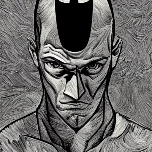 Prompt: portrait of batman, mash - up between mc escher and vincent van gogh