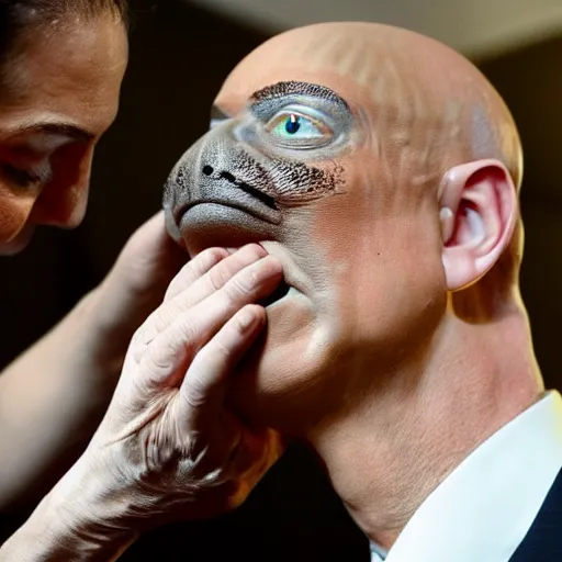 Prompt: a close up of servants applying Turtle Wax to the top of Jeff Bezos head to increase its shine. Hyper realistic, photorealism.