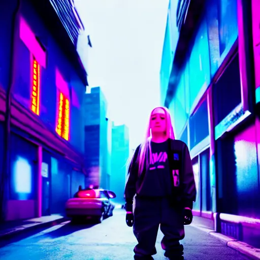 Image similar to billie elish in a cyberpunk street, movie still, photorealistic, photography, cine still, 8 k, imax picture, dramatic lighting, volumetric lighting, shallow depth of field