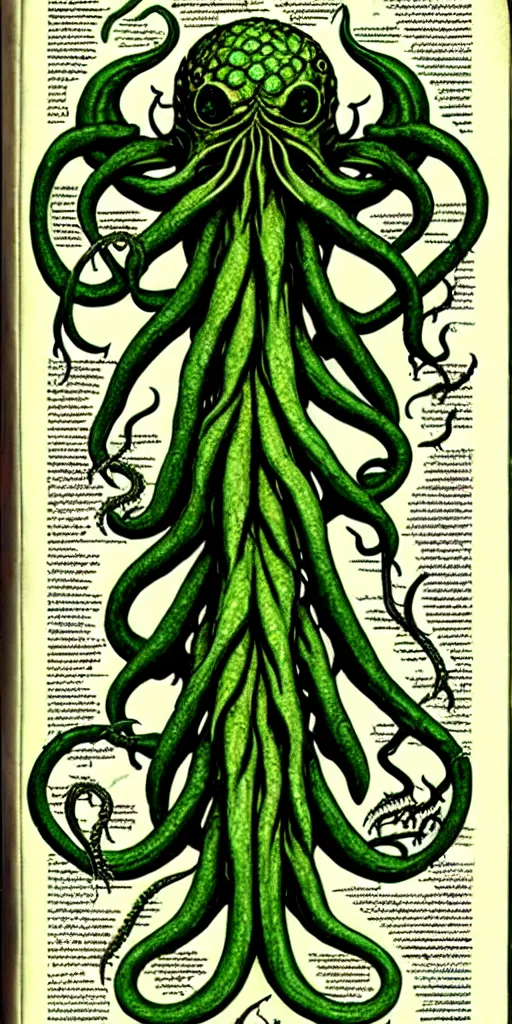 Image similar to cthulhu cross section scientific illustration biology book, highly detailed, style of illuminated manuscript codex