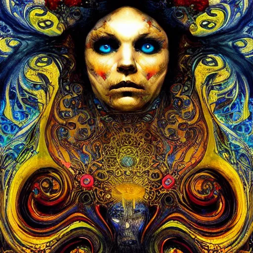 Prompt: Memento Mori by Karol Bak, Jean Deville, Gustav Klimt, and Vincent Van Gogh, beautiful visionary mystical portrait, calavera, otherworldly, fractal structures, ornate gilded medieval icon, third eye, spirals, jeweled calavera by James Jean