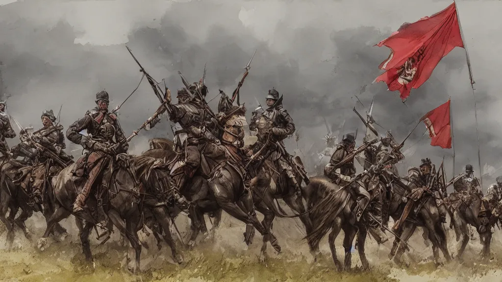 Prompt: group of dragoon cavalry riders with flag banners, rule of thirds, watercolored, jakub rozalski, dark colours, dieselpunk, artstation