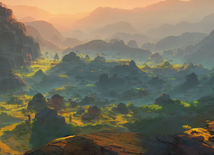 Image similar to concept art painting of a distant village in a valley seen from above, early morning, cel shaded, by makoto shinkai and moebius and anton fadeev and james gurney