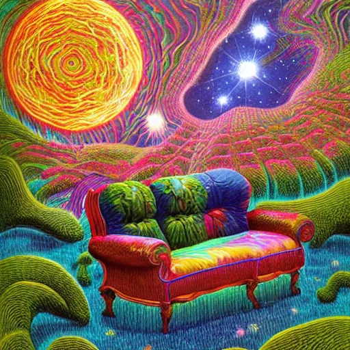 Image similar to psychedelic couch sofa in the lush forest, milky way, designed by moebius, rob gonsalves, gustav dore, giuseppe arcimboldo and carl barks, louis wain, trending on artstation, canada, star, sharp focus, colorful refracted sparkles and lines, soft light, 8 k 4 k