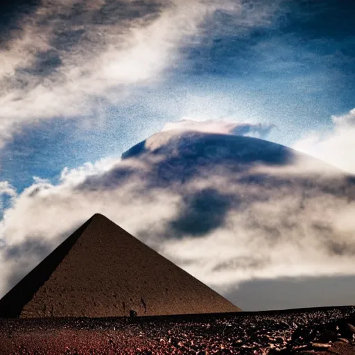 Image similar to huge pyramid in Antarctica, war, real, blue sky, smoke, red clouds, detailed, award winning, photograph, cinematic