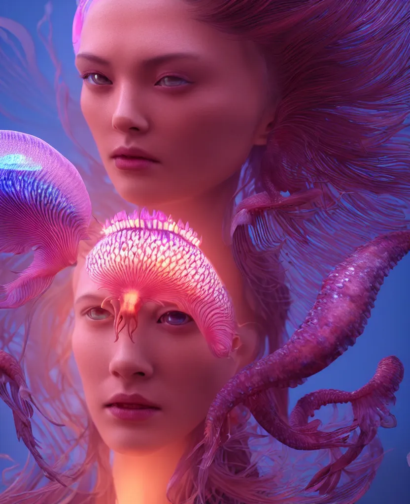 Image similar to goddess close-up portrait. orchid jellyfish phoenix head, nautilus, skull, betta fish, bioluminiscent creatures, intricate artwork by Tooth Wu and wlop and beeple. octane render, trending on artstation, greg rutkowski very coherent symmetrical artwork. cinematic, hyper realism, high detail, octane render, 8k