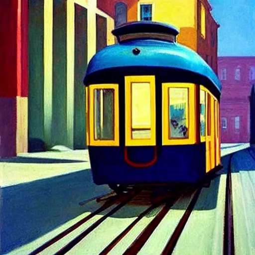 Image similar to street art. paralyzed by the indescribable beauty of the cosmos. amazing view of the tram from lisbon. art style by edward hopper daring, incredible