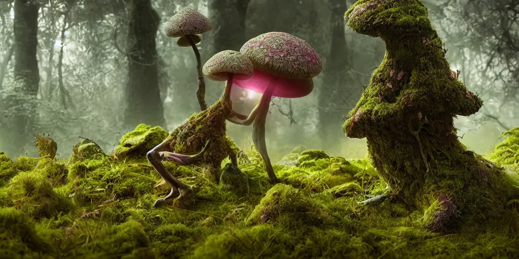 Prompt: organic mushroom lichen moss monster, silhouette of a strange long legged creature foraging through the undergrowth, pink gold and green colour scheme, in the style of patrick woodroffe, dramatic lighting, 8k octane unreal render