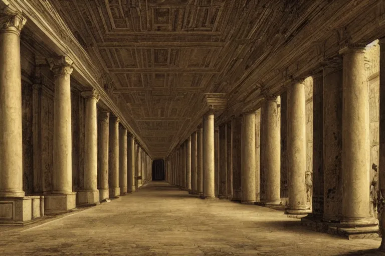 Prompt: an infinite Roman hallway, by Piranesi, 4K