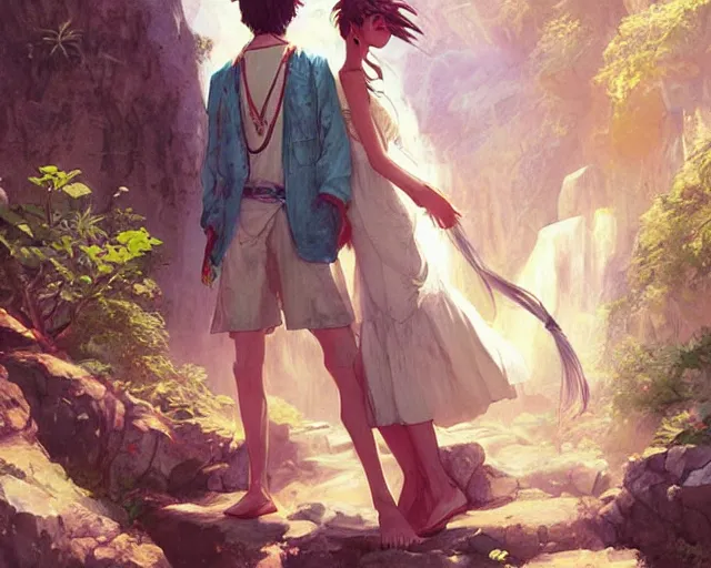 Image similar to a cinematic boy girl traditional romance moment, exploring the caves boho clothing, full body illustration, bestselling movie art poster, official media, 1970s fashion, dynamic lighting official anime media, incredible art by artgerm and greg rutkowski