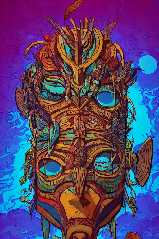 Image similar to totem animal tribal chaman vodoo mask feather gemstone plant wood rock video game illustration vivid color borderlands by josan gonzales and dan mumford radiating a glowing aura