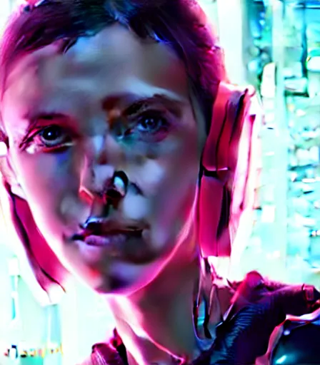 Image similar to beautiful portrait of a cyberpunk goddess who looks like Millie Bobby Brown , character design by charlie bowater, ross tran, artgerm, and makoto shinkai, detailed, soft lighting, rendered in octane