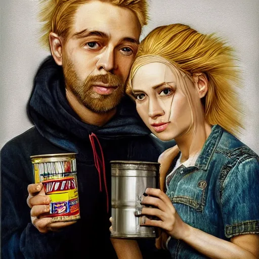 Image similar to a highly detailed portrait of a couple holding a tin can, blonde hair, trending on artstation,