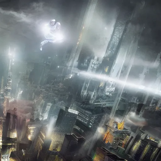 Image similar to A hyperdetailed photograph of a silver suit Iron Man flying through the skies of a cyberpunk, futuristic city, night, dense fog, rain, HD, 8K resolution