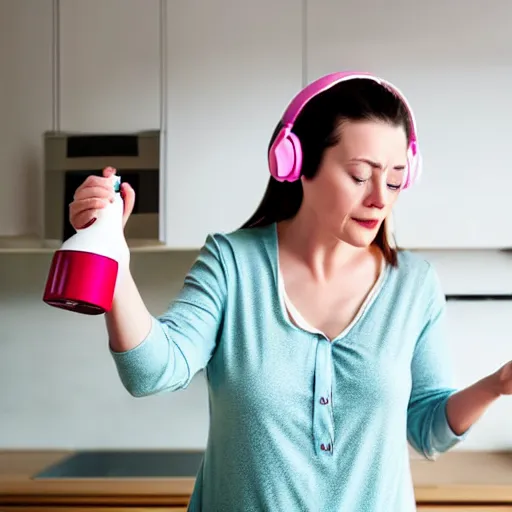 Image similar to woman on pyjamas singing with headphones on, eyes closed, and hugging cleaning products, high detail, shallow depth, kitchen background