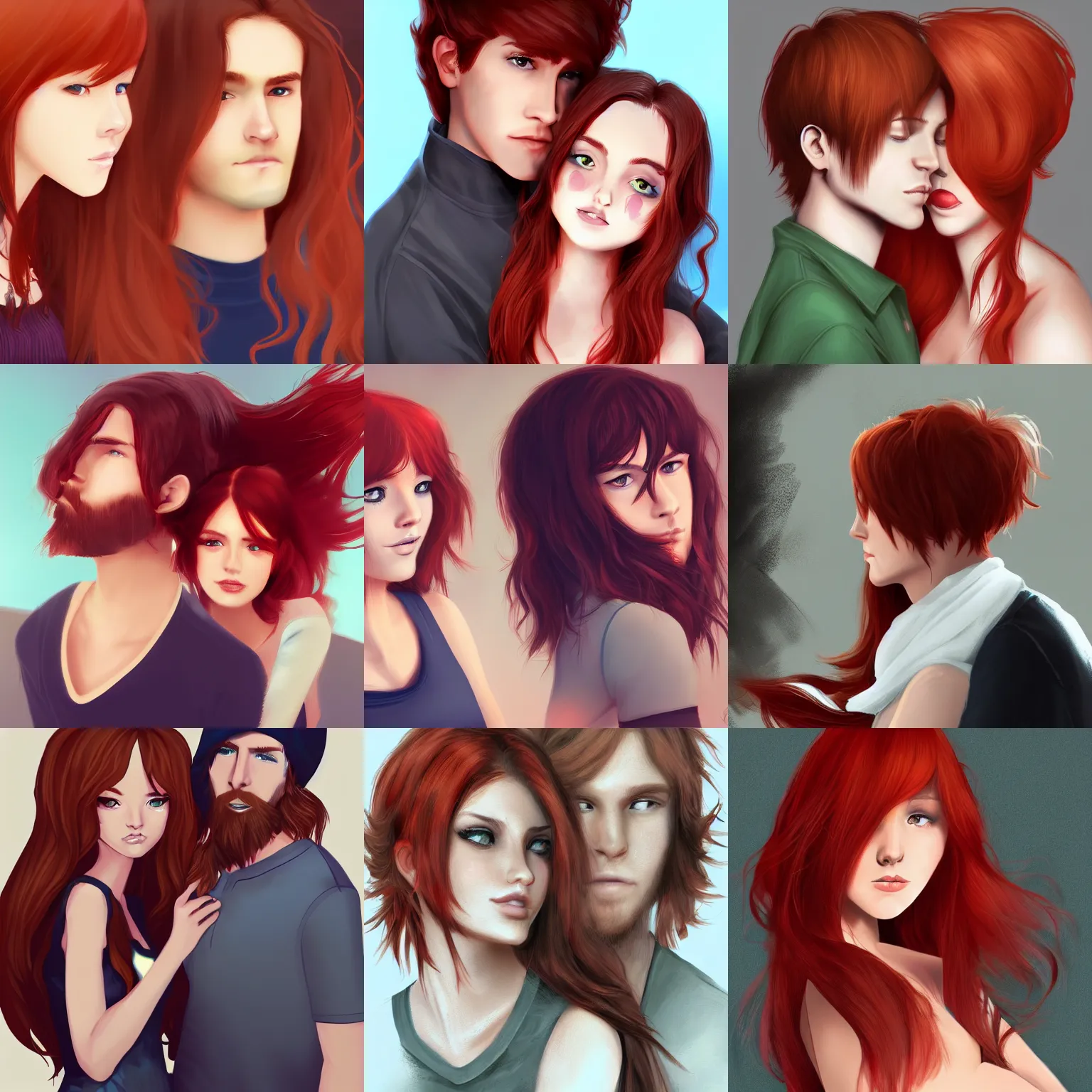 Prompt: A red haired girl with a beautiful face and long hair rests over her brown short hair boyfriend's shoulder, digital art, artstation