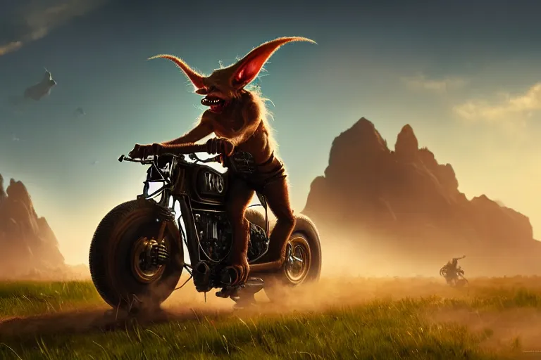 Prompt: A goblin riding a steampunk motorcycle on a dirt road in a meadow, volumetric light, studio lighting, hyperdetailed, artstation, cgsociety, 8k