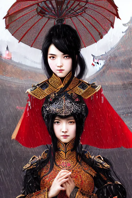 Image similar to portrait black hair young knights of Dynasty Warriors girl, metallic red mirror armor, in ruin chinese temple rooftop heavily rain sunrise, ssci-fi and fantasy, intricate and very beautiful and elegant, highly detailed, digital painting, soft light, artstation, concept art, smooth and sharp focus, illustration, art by tian zi and WLOP and alphonse mucha