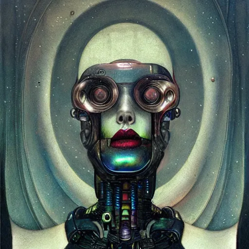 Image similar to futurist cyborg empress, perfect future, award winning art by santiago caruso, iridescent color palette
