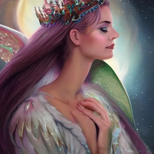 Prompt: detailed portrait of a fairy queen with wings wearing a silk robe, crown, pixie, iris, realism, emerald, galaxy, sapphire,blonde hair going down to the floor, moonlit, dark fantasy, dramatic lighting, cgsociety, artstation