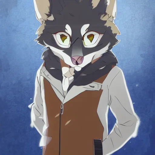 Image similar to key anime visual portrait of a handsome male anthro wolf furry fursona with beautiful eyes, wearing a cool outfit in downtown, official modern animation