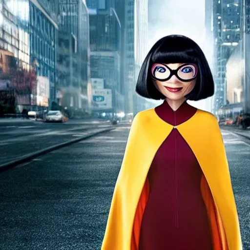 Prompt: a still of Edna Mode wearing a cape and looking unhappy about it, Pixar (2018)