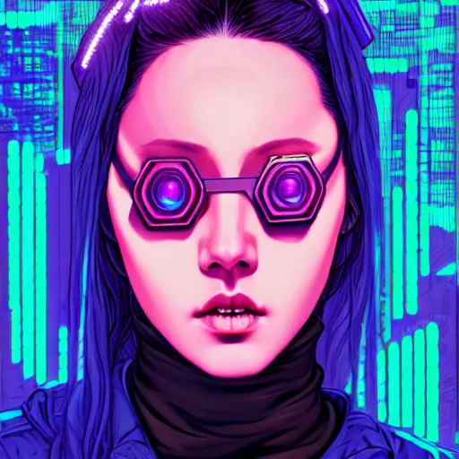 Image similar to portrait painting of a cyberpunk hacker olivia hye from loona, sharp focus, award - winning, trending on artstation, masterpiece, highly detailed, intricate. art by josan gonzales and moebius and deathburger