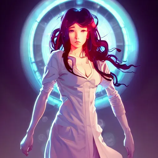 Prompt: a full body character design by artgerm, cushart krenz, ross tran, alphonse mucha. cute mad scientist girl!! glowing eyes!! futuristic lab coat!! bold outline sharp edges. ultra clear detailed. 8 k. elegant, neon colors, symmetry, intricate complexity, epic composition, magical atmosphere, cinematic lighting masterpiece