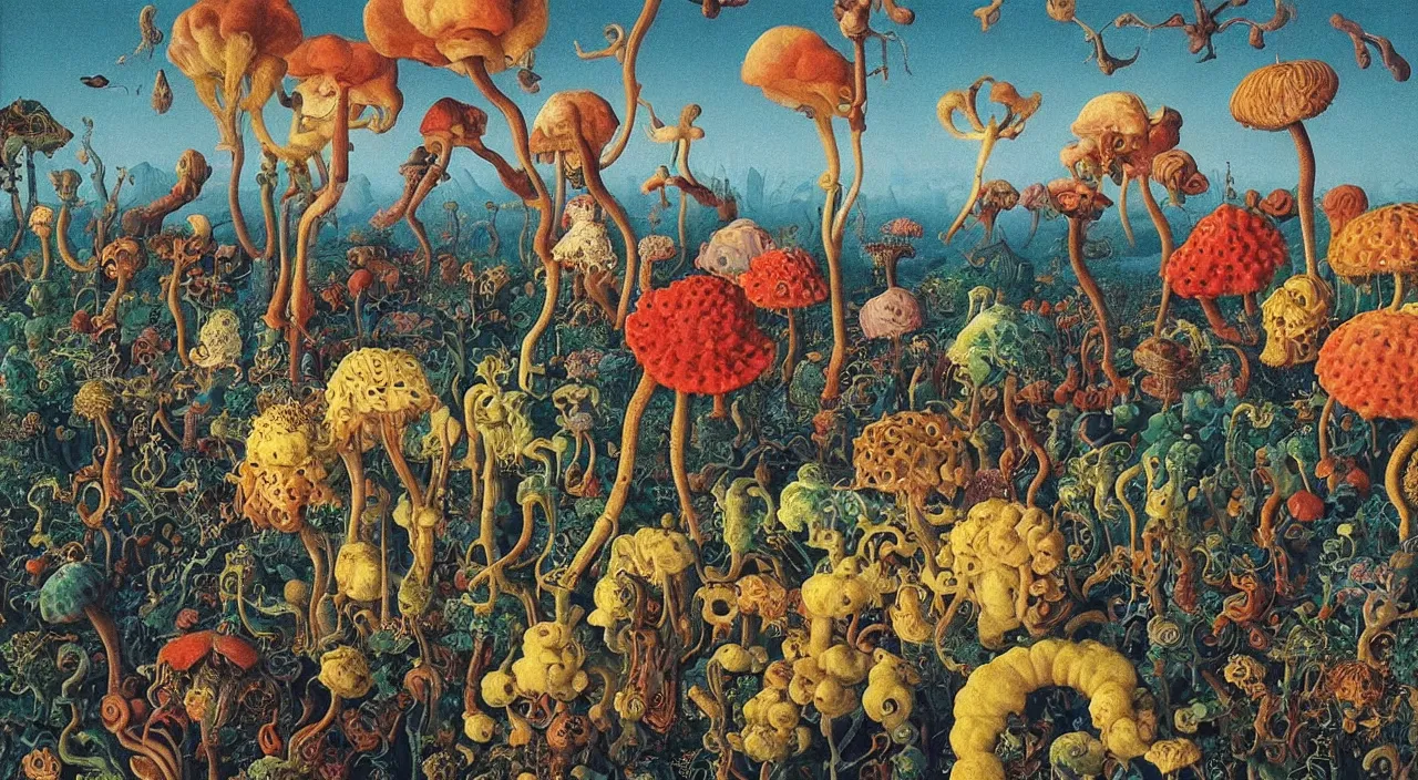 Image similar to a single colorful! ( lovecraftian ) fungus white! clear empty sky, a high contrast!! ultradetailed photorealistic painting by jan van eyck, audubon, rene magritte, agnes pelton, max ernst, walton ford, andreas achenbach, ernst haeckel, hard lighting, masterpiece