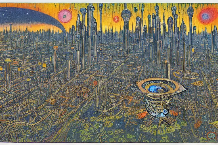 Image similar to a scifi illustration, Bird City on Endor by Louis Wain (1920)