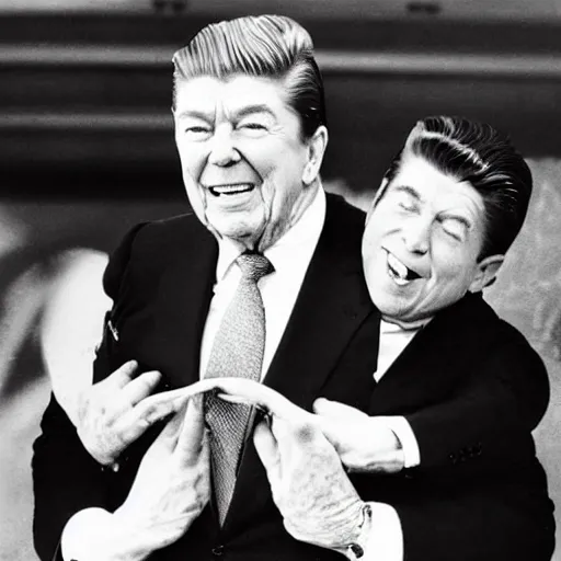 Image similar to dwarf trump getting a piggy - back ride from ronald reagan