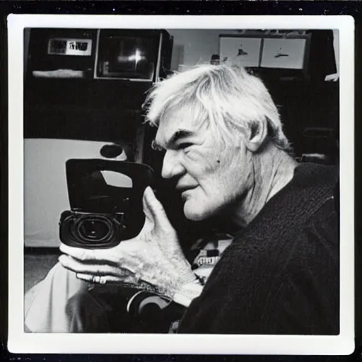 Prompt: Timothy Leary sitting Down with a VR headset on, 1994, Polaroid