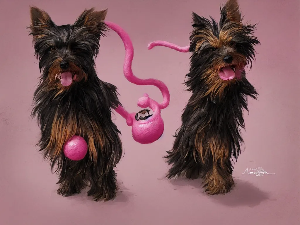 Prompt: portrait of a black and caramel Yorkshire Terrier, smiling, playing with a pink rubber monkey in a cyberpunk room, D&D, fantasy, highly detailed, digital painting, artstation, concept art, smooth, sharp focus, illustration, art by artgerm and greg rutkowski and goro fujita