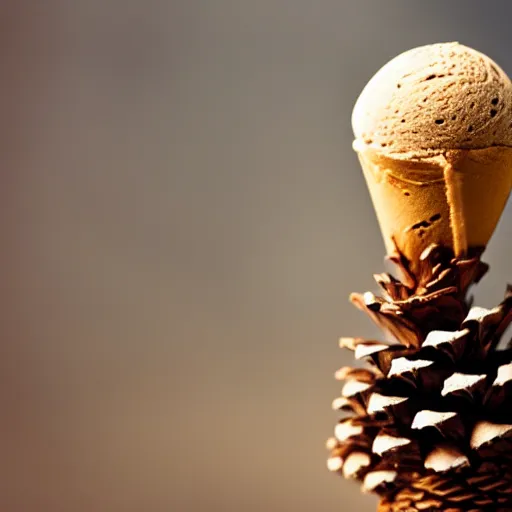 Prompt: a photograph of a levitating ice cream cone, with a pine cone in place of ice cream. shallow depth - of - field.