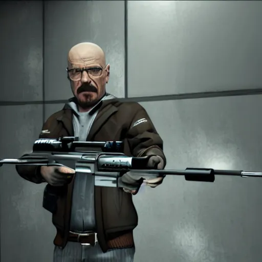 Image similar to walter white with a p 9 0 submachine gun in csgo, video game, third person, shooting at distant targets, high resolution