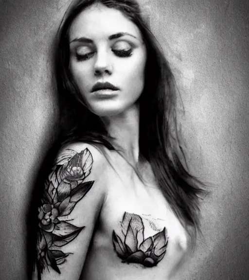 Prompt: tattoo design sketch of an extremely beautiful woman face and a faded background of beautiful mountains on her side, hyper - realistic, double exposure effect, in the style of matteo pasqualin, amazing detail, black and white, faded