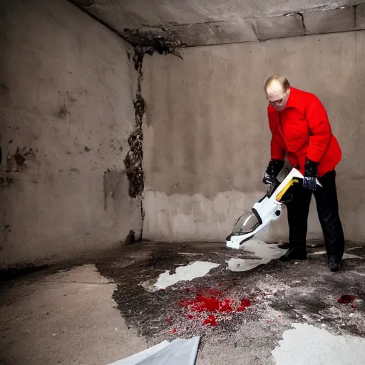 Image similar to putin with a chainsaw and a corpse. in a concrete bunker. focus on putins face with blood splatters. canon eos r 3, f / 1. 4, iso 1 6 0 0, 1 / 8 0 s, 8 k, raw, grainy