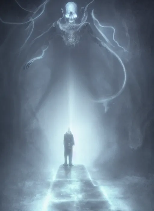 Prompt: death guides you into the abyss, science fiction, smoke, fog, god rays, symmetrical, fantasy, matte painting, mist, moody, cold, cinematic lighting, post - production