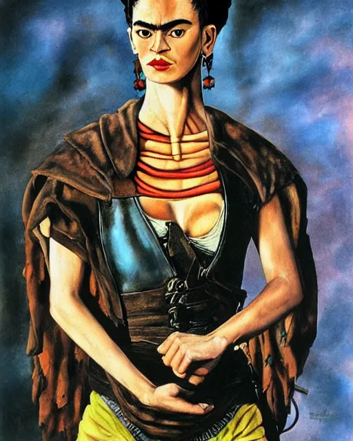 Prompt: portrait of a skinny punk frida kahlo wearing armor by simon bisley, john blance, frank frazetta, fantasy, thief warrior