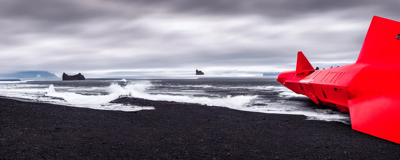 Image similar to cinematic shot of giant symmetrical red military spacecraft landing on an endless black sand beach in iceland with icebergs in the distance, 2 8 mm, shockwave