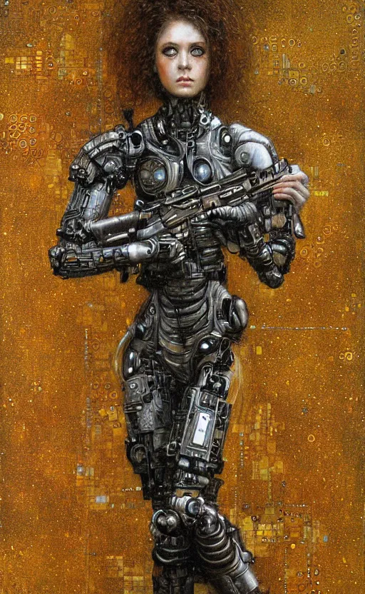 Image similar to cybernetic female supersoldier armed with laser rifle, intricate detail, klimt, royo, whealan,