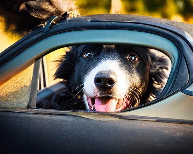 Image similar to border collie dog in the driver's seat of an orange nissan note, paws on wheel, car moving fast, rally driving photo, award winning photo, golden hour, front of car angle