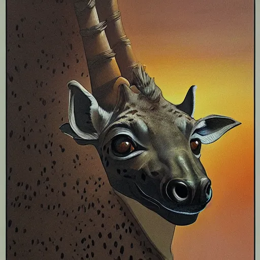 Image similar to painting of a hybrid between a hyena and a giraffe, in the style of wayne barlowe