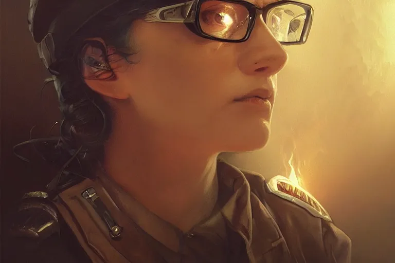 Image similar to Beautiful portrait of a glowing police officer wearing specs. wide angle, magic, fire, face painting, darkness, dramatic lighting, intricate, wild, highly detailed, digital painting, artstation, concept art, smooth, sharp focus, illustration, art by artgerm and greg rutkowski and alphonse mucha, footage from space camera