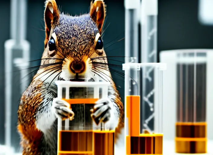 Image similar to film still of a squirrel working in a research lab filling test tubes, 8 k