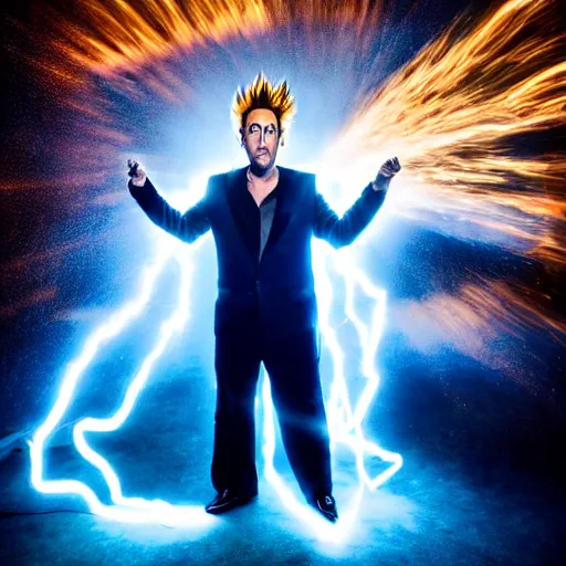 Prompt: uhd candid photo of cosmic nicholas cage impersonator as a super sayian powering up, glowing, global illumination, studio lighting, radiant light, hyperdetailed, correct face, elaborate intricate costume. photo by annie leibowitz