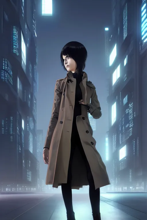 Image similar to realistic render of a cyborg - girl wearing a long trench coat by ross draws, futuristic dystopian city by ilya kuvshinov, digital anime art by ross tran, composition by sana takeda, lighting by greg rutkowski